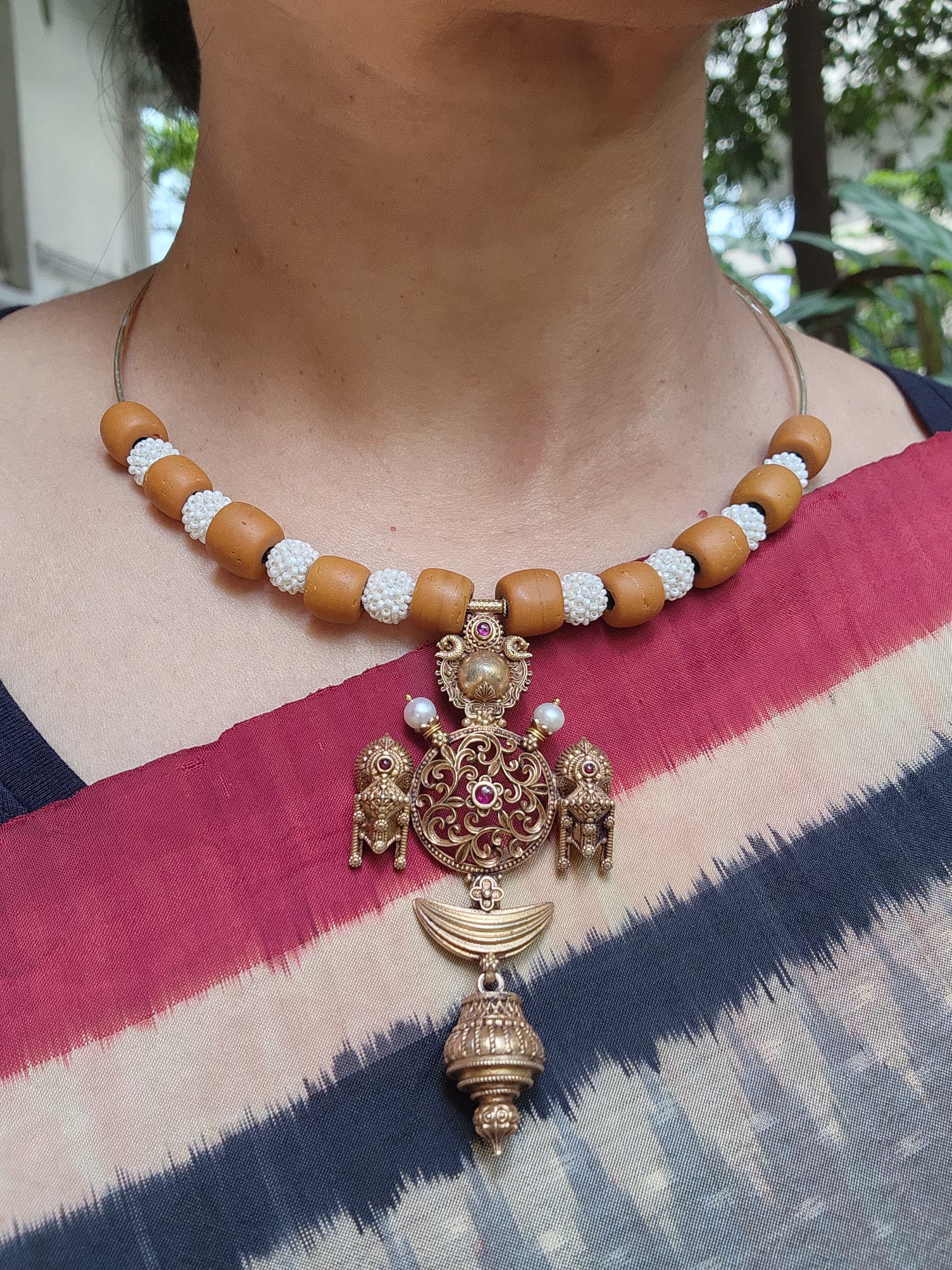 Antique gold polish tali style pendant with corals & pearl beads-Silver Neckpiece-CI-House of Taamara