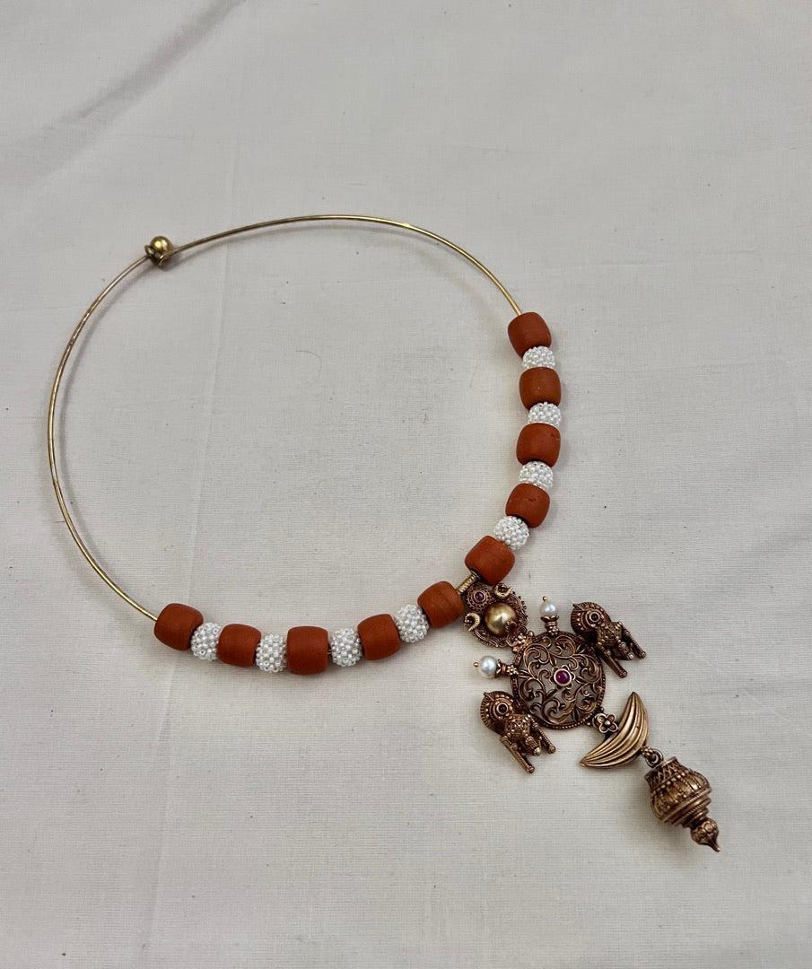 Antique gold polish tali style pendant with corals & pearl beads-Silver Neckpiece-CI-House of Taamara