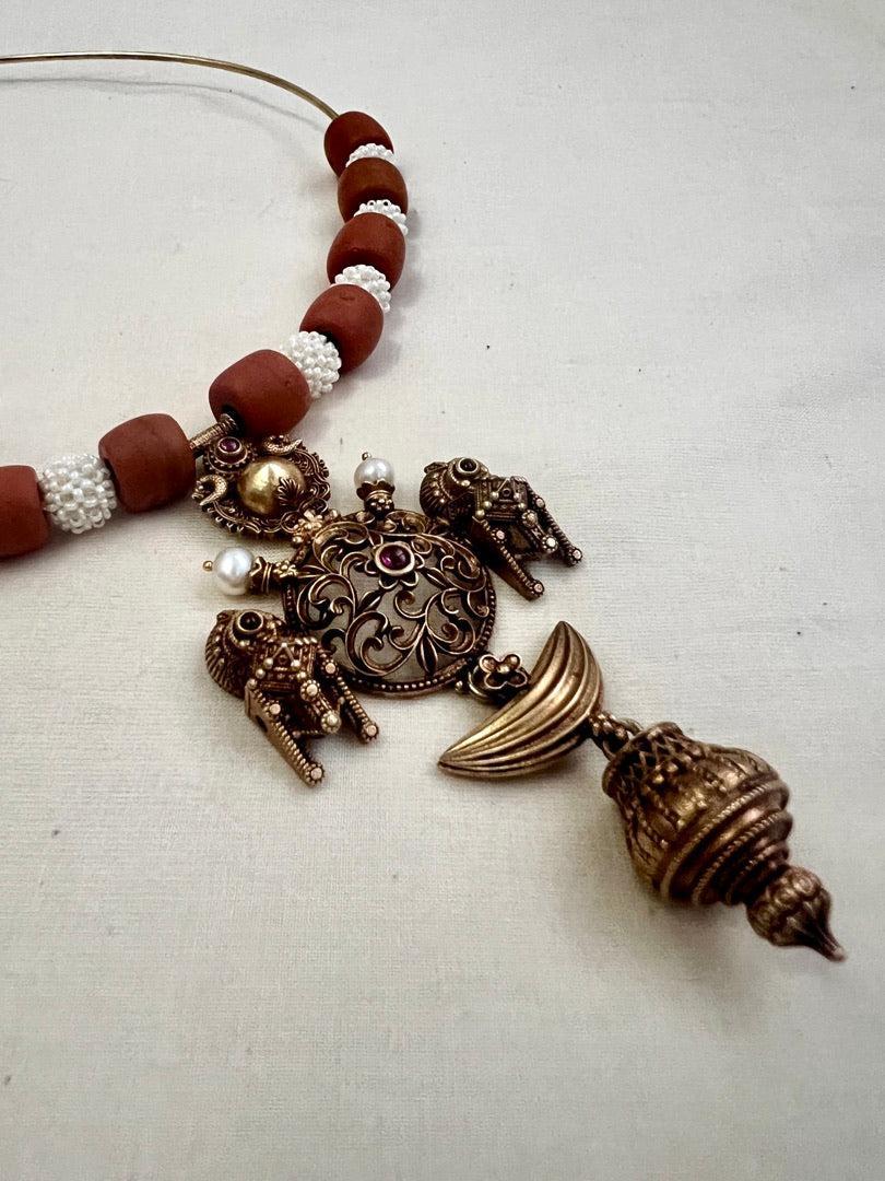 Antique gold polish tali style pendant with corals & pearl beads-Silver Neckpiece-CI-House of Taamara