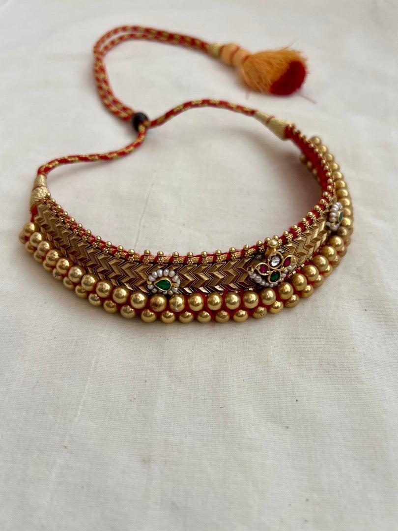 Antique gold polish thussi necklace with jadau motifs-Silver Neckpiece-CI-House of Taamara
