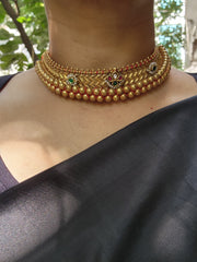 Antique gold polish thussi necklace with jadau motifs-Silver Neckpiece-CI-House of Taamara