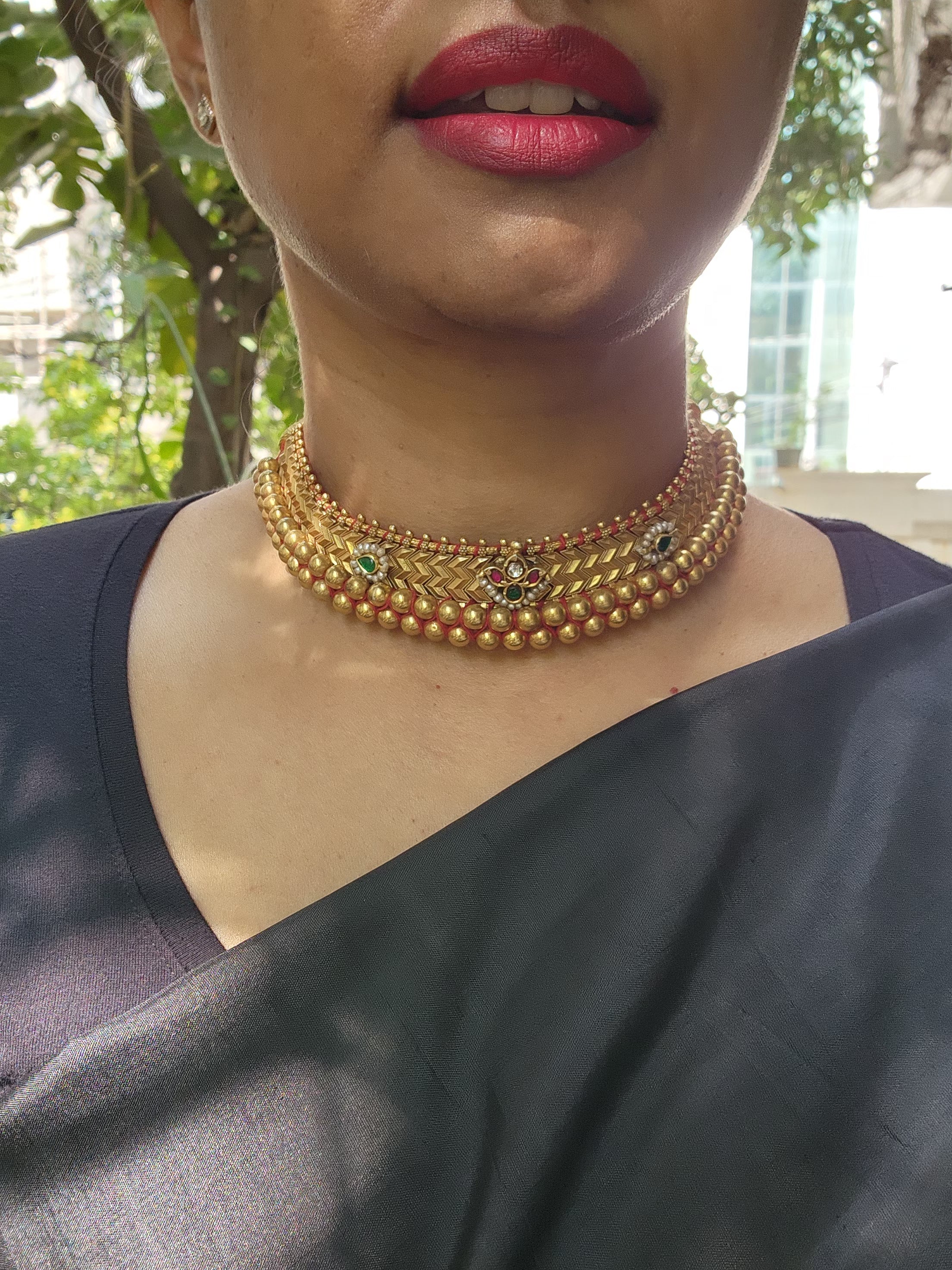 Antique gold polish thussi necklace with jadau motifs-Silver Neckpiece-CI-House of Taamara