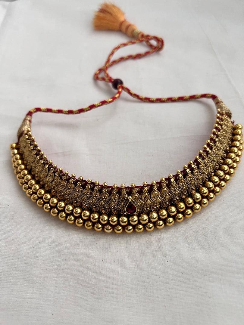 Antique gold polish traditional thussi choker-Silver Neckpiece-CI-House of Taamara