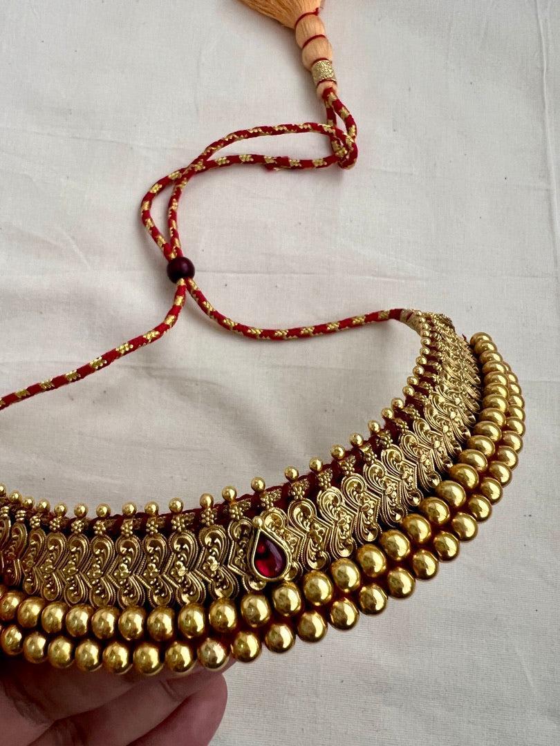Antique gold polish traditional thussi choker-Silver Neckpiece-CI-House of Taamara