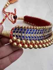 Antique gold polish traditional thussi choker with blue kundan work-Silver Neckpiece-CI-House of Taamara