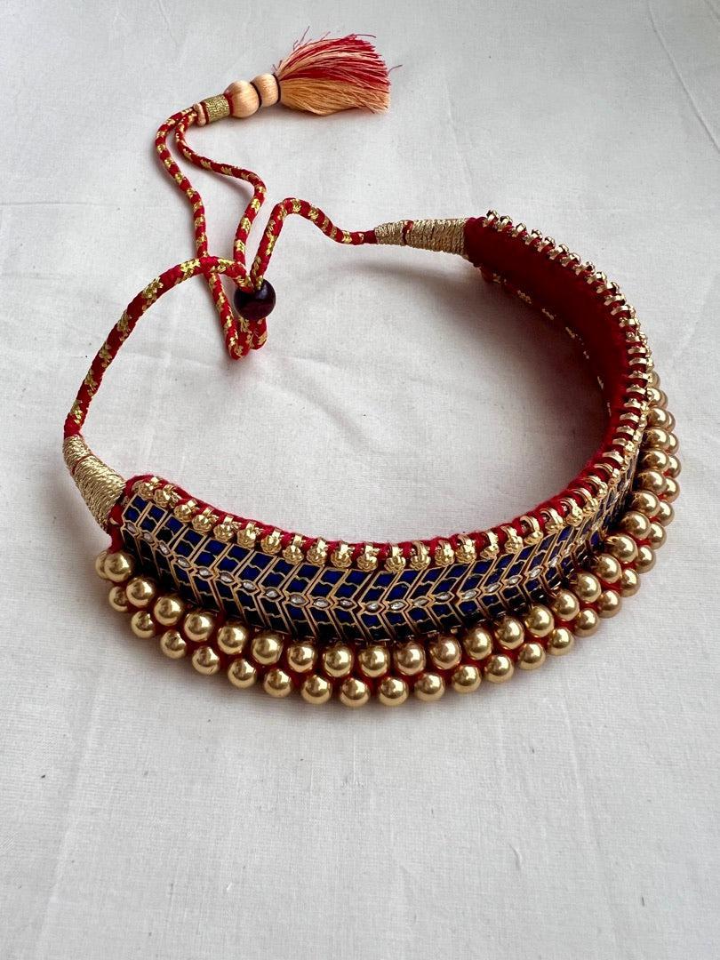 Antique gold polish traditional thussi choker with blue kundan work-Silver Neckpiece-CI-House of Taamara