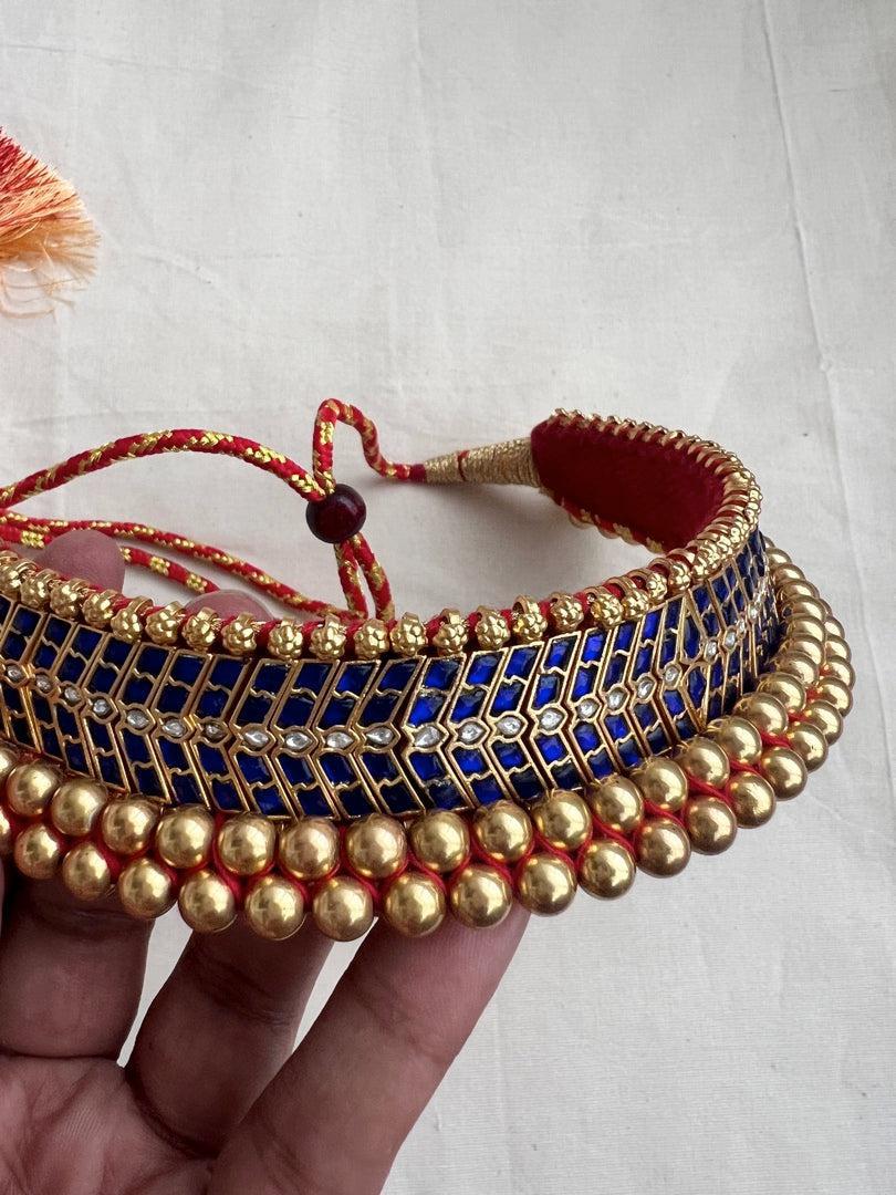 Antique gold polish traditional thussi choker with blue kundan work-Silver Neckpiece-CI-House of Taamara