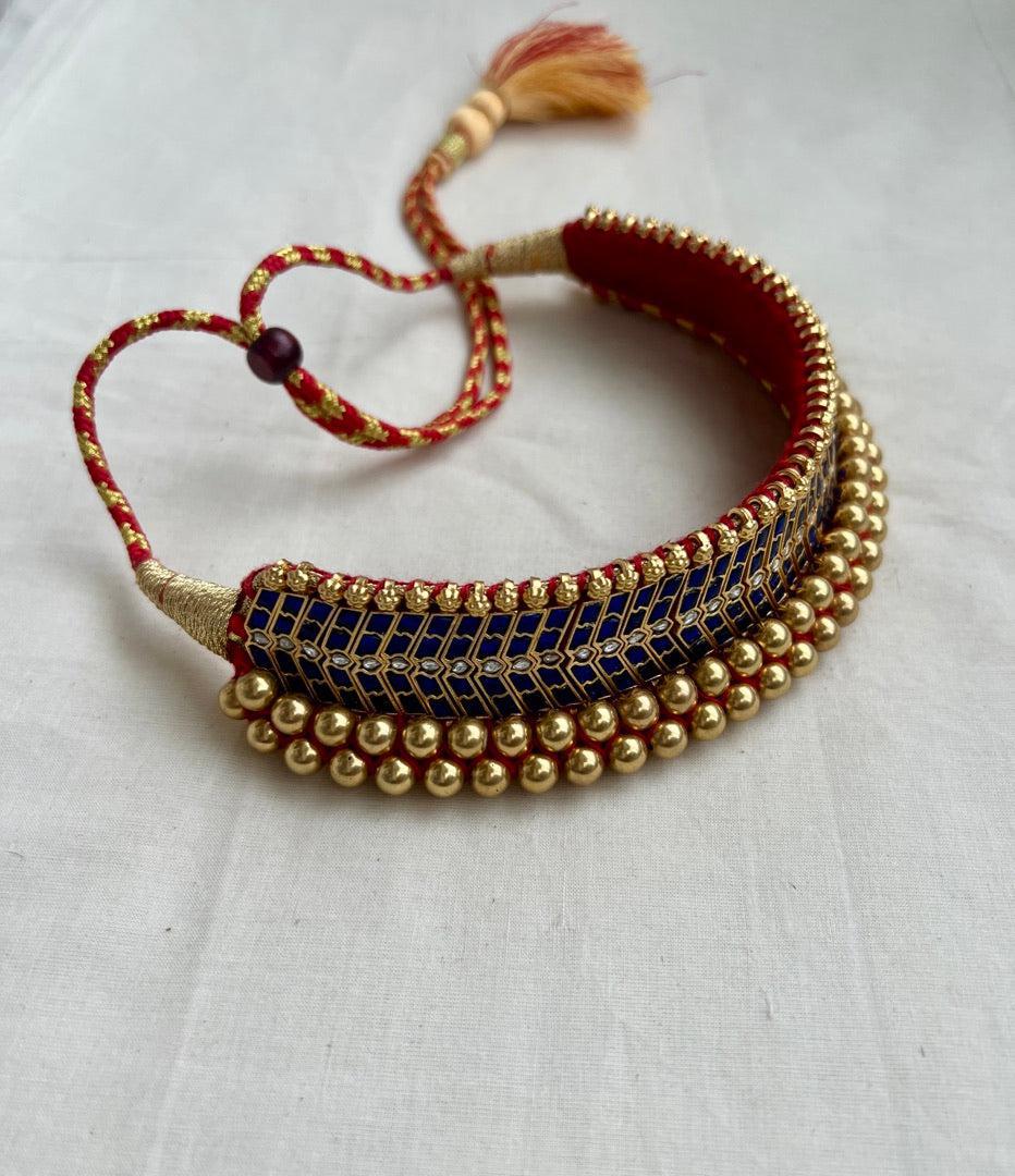 Antique gold polish traditional thussi choker with blue kundan work-Silver Neckpiece-CI-House of Taamara