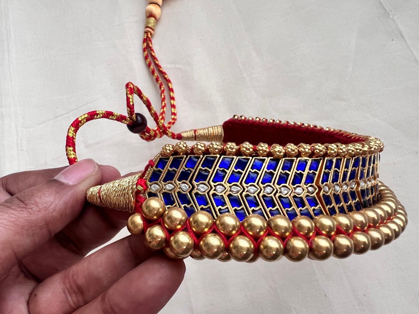 Antique gold polish traditional thussi choker with blue kundan work-Silver Neckpiece-CI-House of Taamara