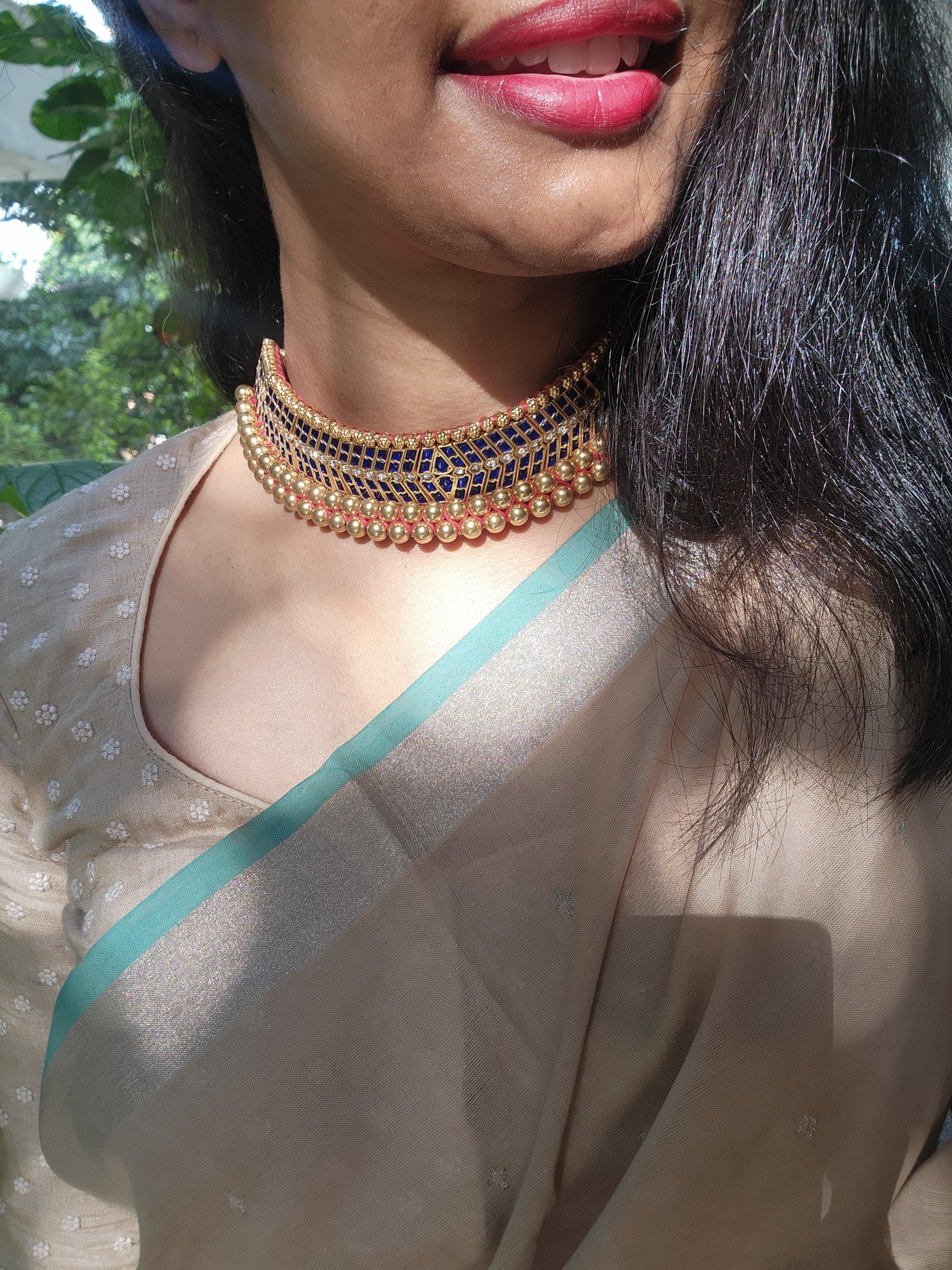 Antique gold polish traditional thussi choker with blue kundan work-Silver Neckpiece-CI-House of Taamara