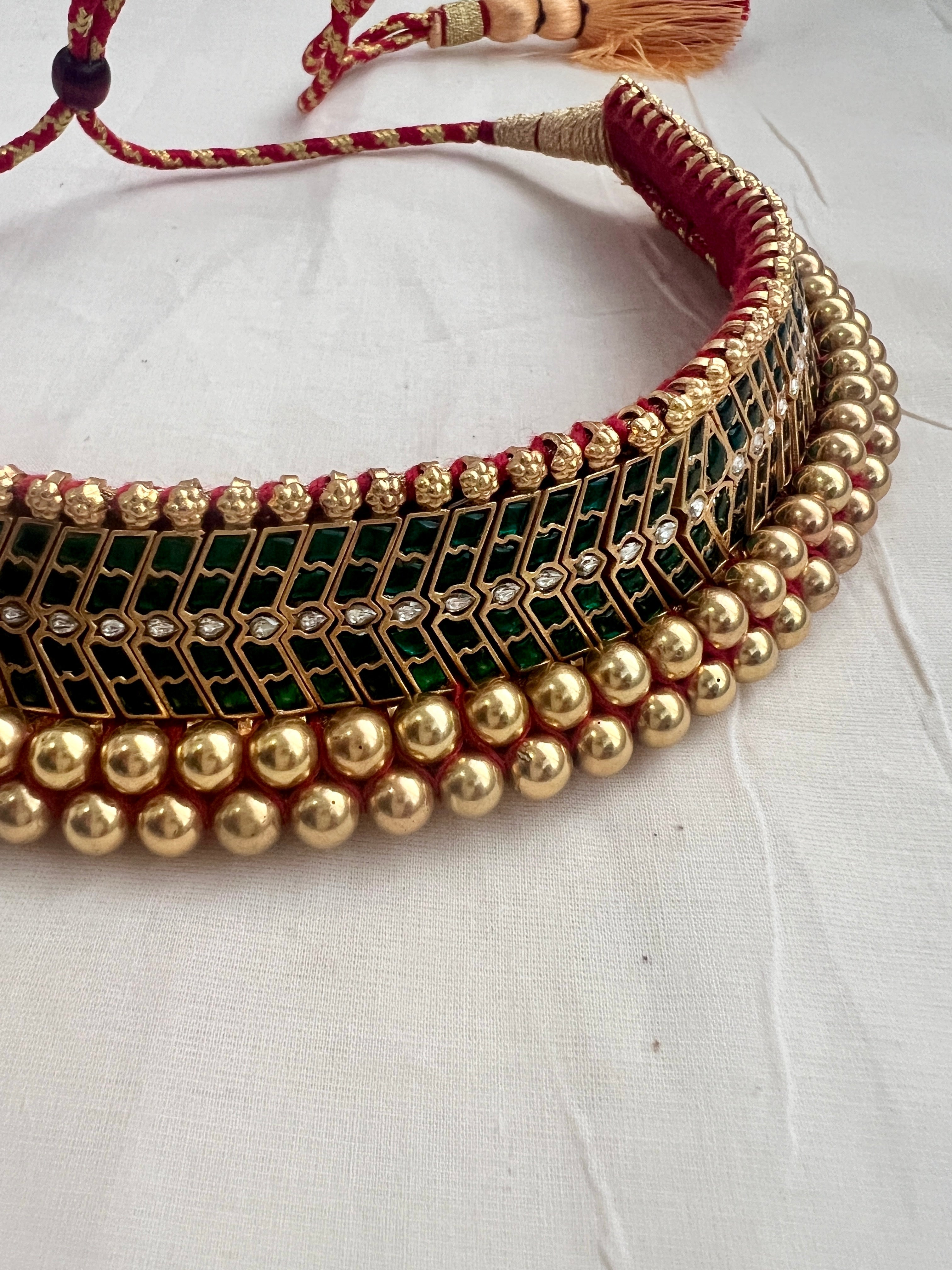 Antique gold polish traditional thussi choker with kundan & emerald stones-Silver Neckpiece-CI-House of Taamara