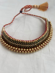 Antique gold polish traditional thussi choker with kundan & emerald stones-Silver Neckpiece-CI-House of Taamara