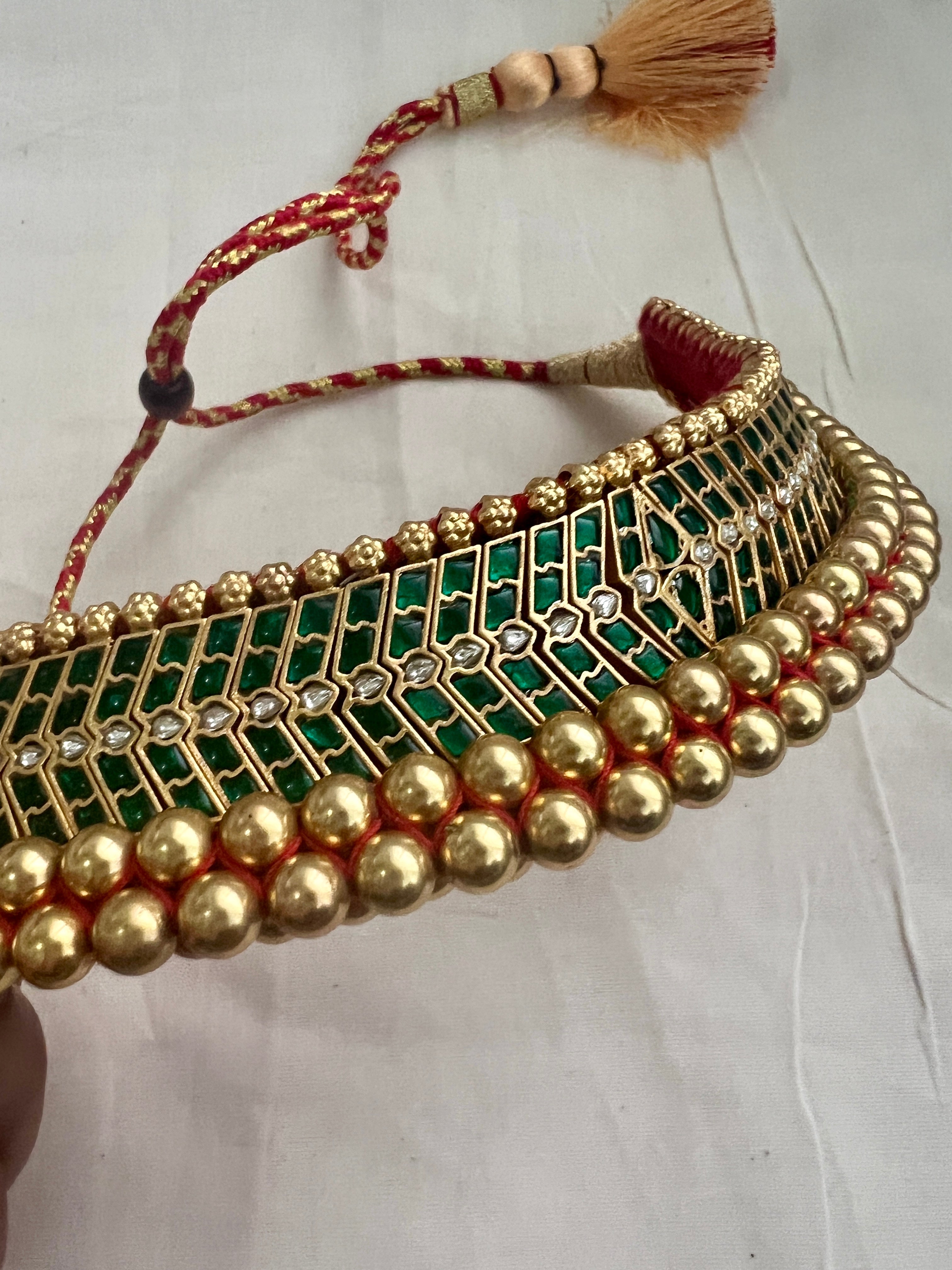 Antique gold polish traditional thussi choker with kundan & emerald stones-Silver Neckpiece-CI-House of Taamara