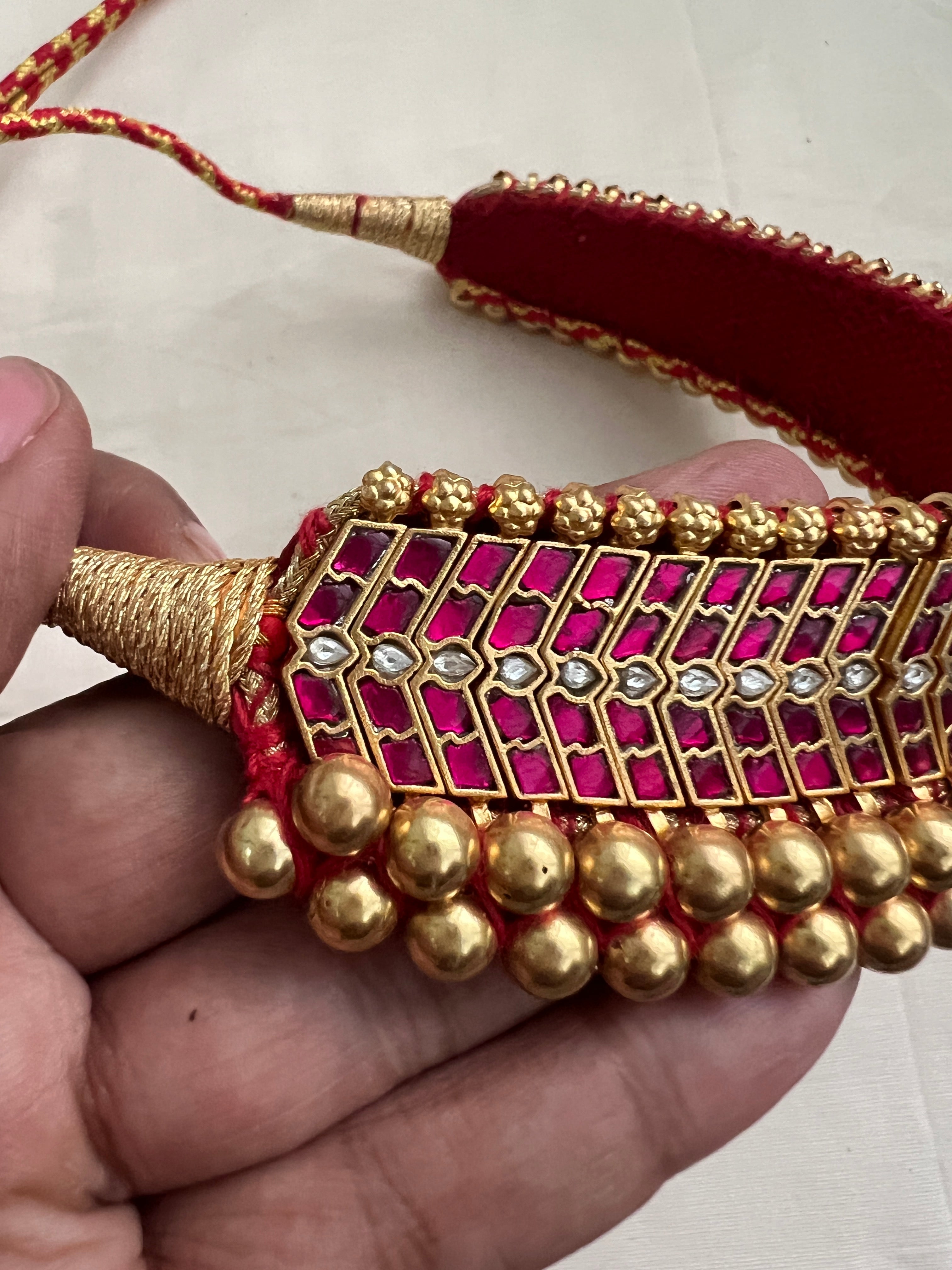 Antique gold polish traditional thussi choker with kundan & ruby stones-Silver Neckpiece-CI-House of Taamara