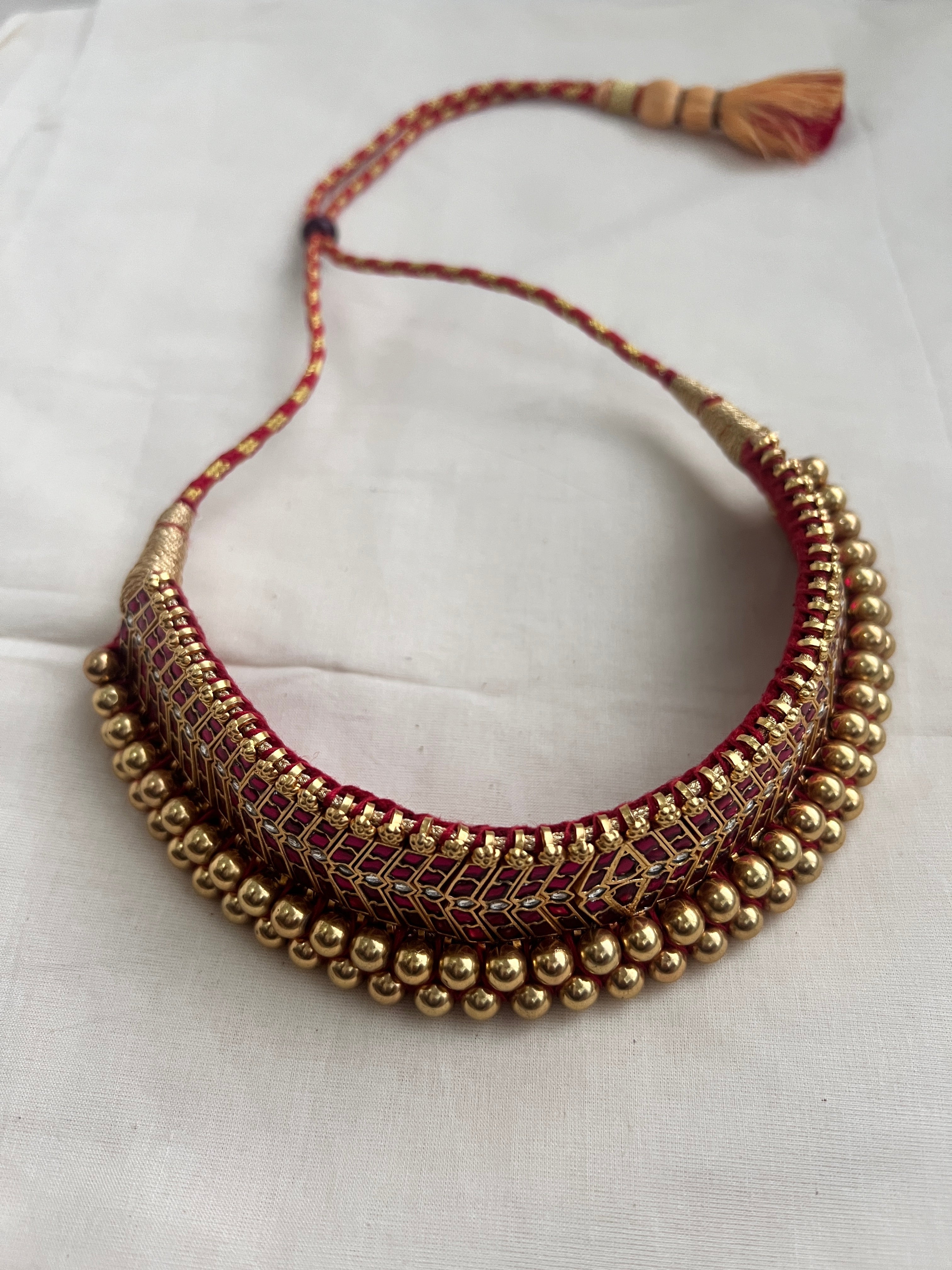 Antique gold polish traditional thussi choker with kundan & ruby stones-Silver Neckpiece-CI-House of Taamara