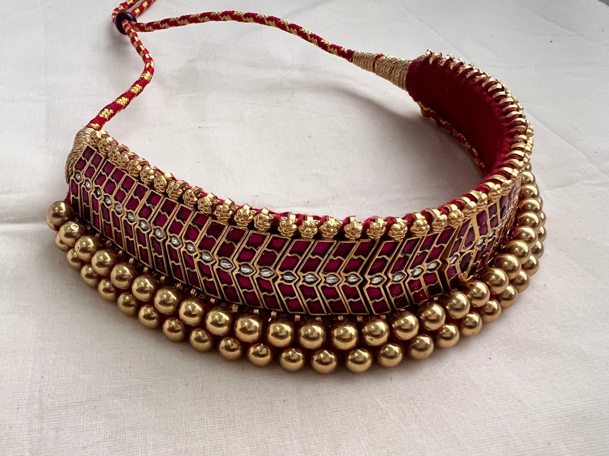 Antique gold polish traditional thussi choker with kundan & ruby stones-Silver Neckpiece-CI-House of Taamara