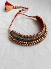 Antique gold polish traditional thussi choker with ruby, turquoise & coral stones-Silver Neckpiece-CI-House of Taamara