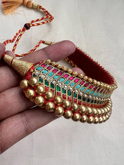 Antique gold polish traditional thussi choker with ruby, turquoise & coral stones-Silver Neckpiece-CI-House of Taamara