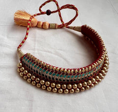 Antique gold polish traditional thussi choker with ruby, turquoise & coral stones-Silver Neckpiece-CI-House of Taamara