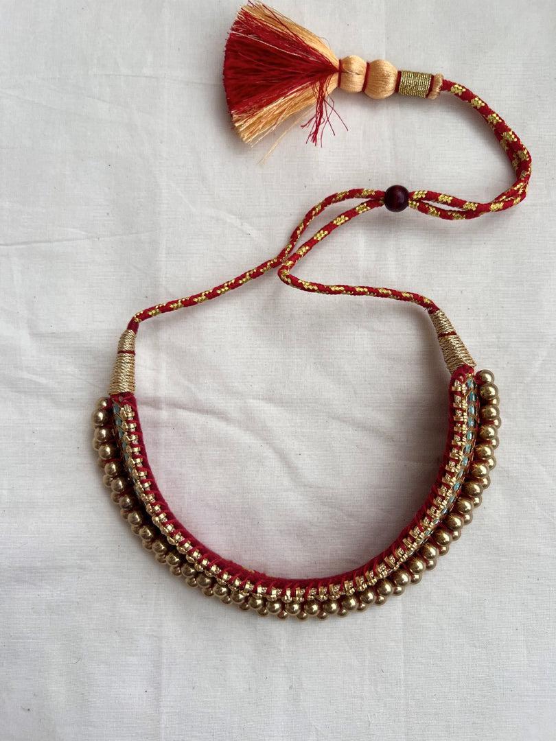 Antique gold polish traditional thussi choker with ruby, turquoise & coral stones-Silver Neckpiece-CI-House of Taamara