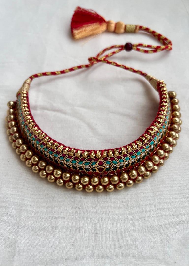 Antique gold polish traditional thussi choker with ruby, turquoise & coral stones-Silver Neckpiece-CI-House of Taamara