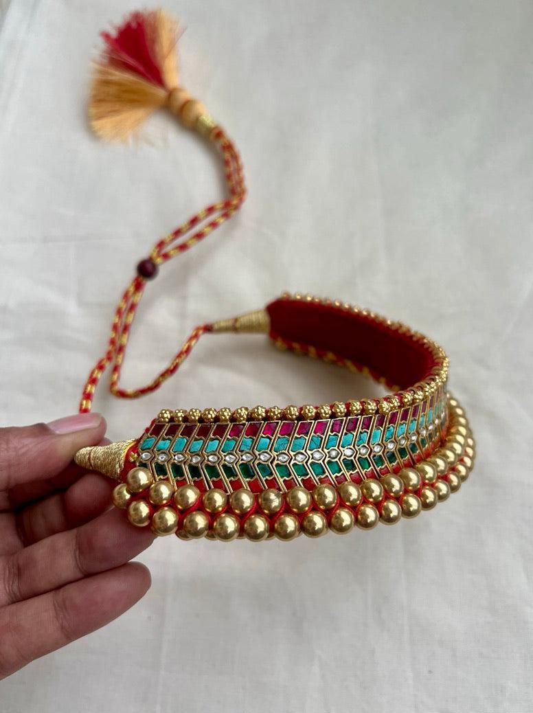 Antique gold polish traditional thussi choker with ruby, turquoise & coral stones-Silver Neckpiece-CI-House of Taamara