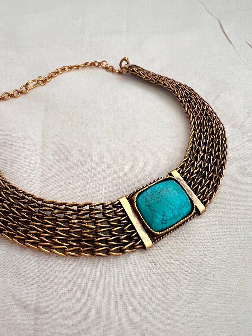 Antique gold polish turquoise stone necklace-Silver Neckpiece-CI-House of Taamara