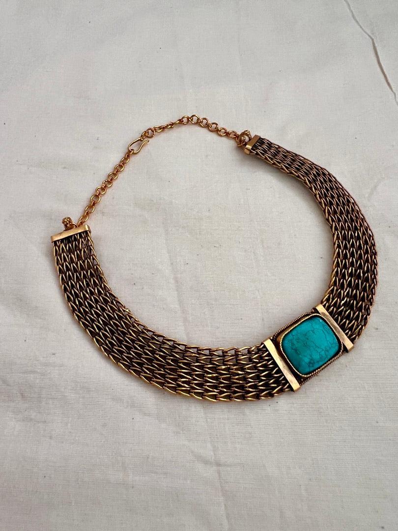 Antique gold polish turquoise stone necklace-Silver Neckpiece-CI-House of Taamara