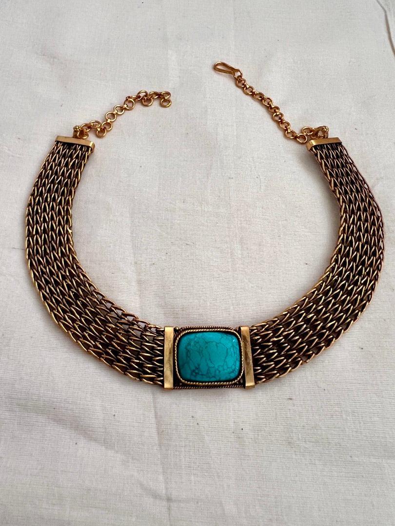 Antique gold polish turquoise stone necklace-Silver Neckpiece-CI-House of Taamara