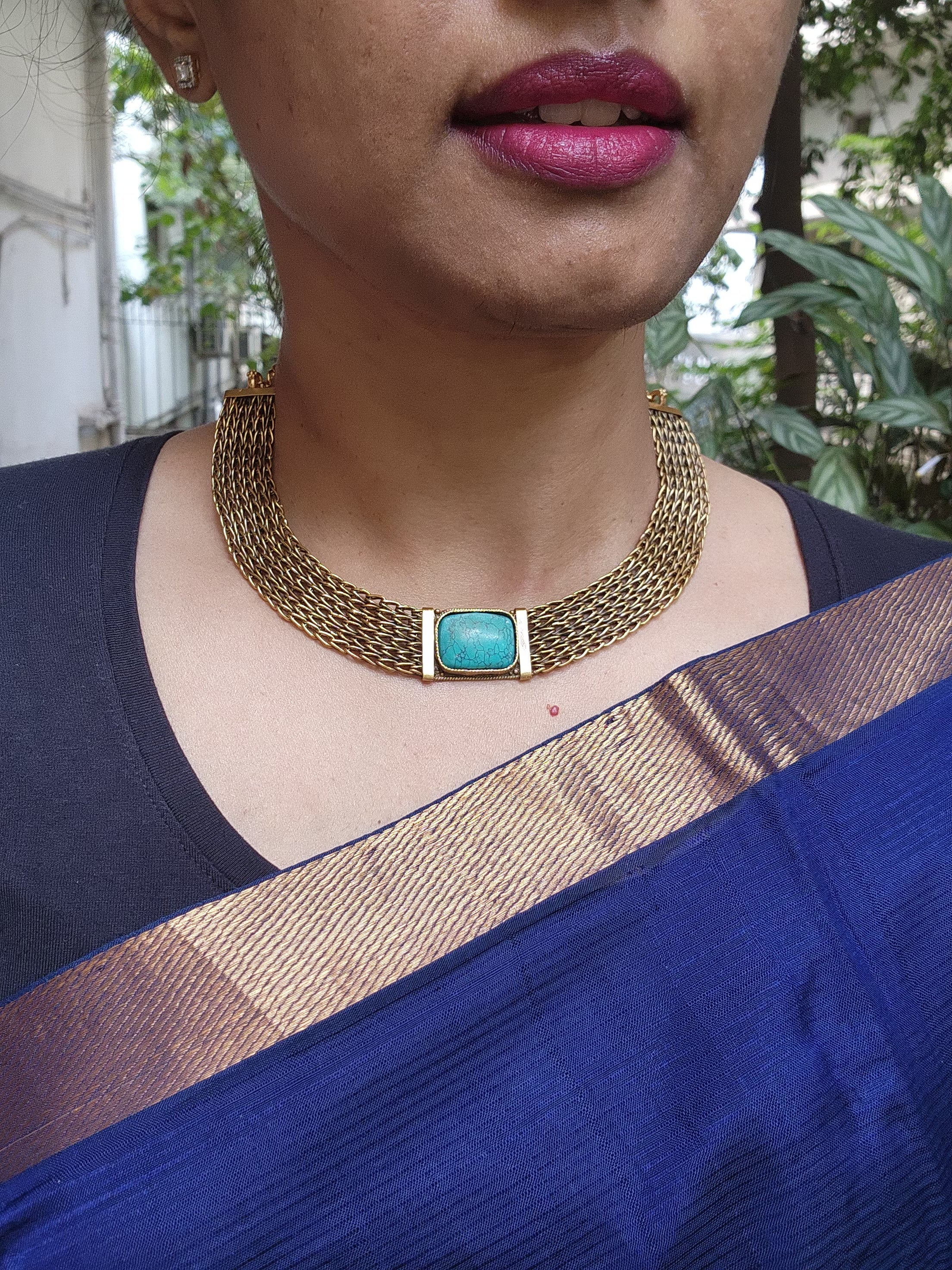 Antique gold polish turquoise stone necklace-Silver Neckpiece-CI-House of Taamara