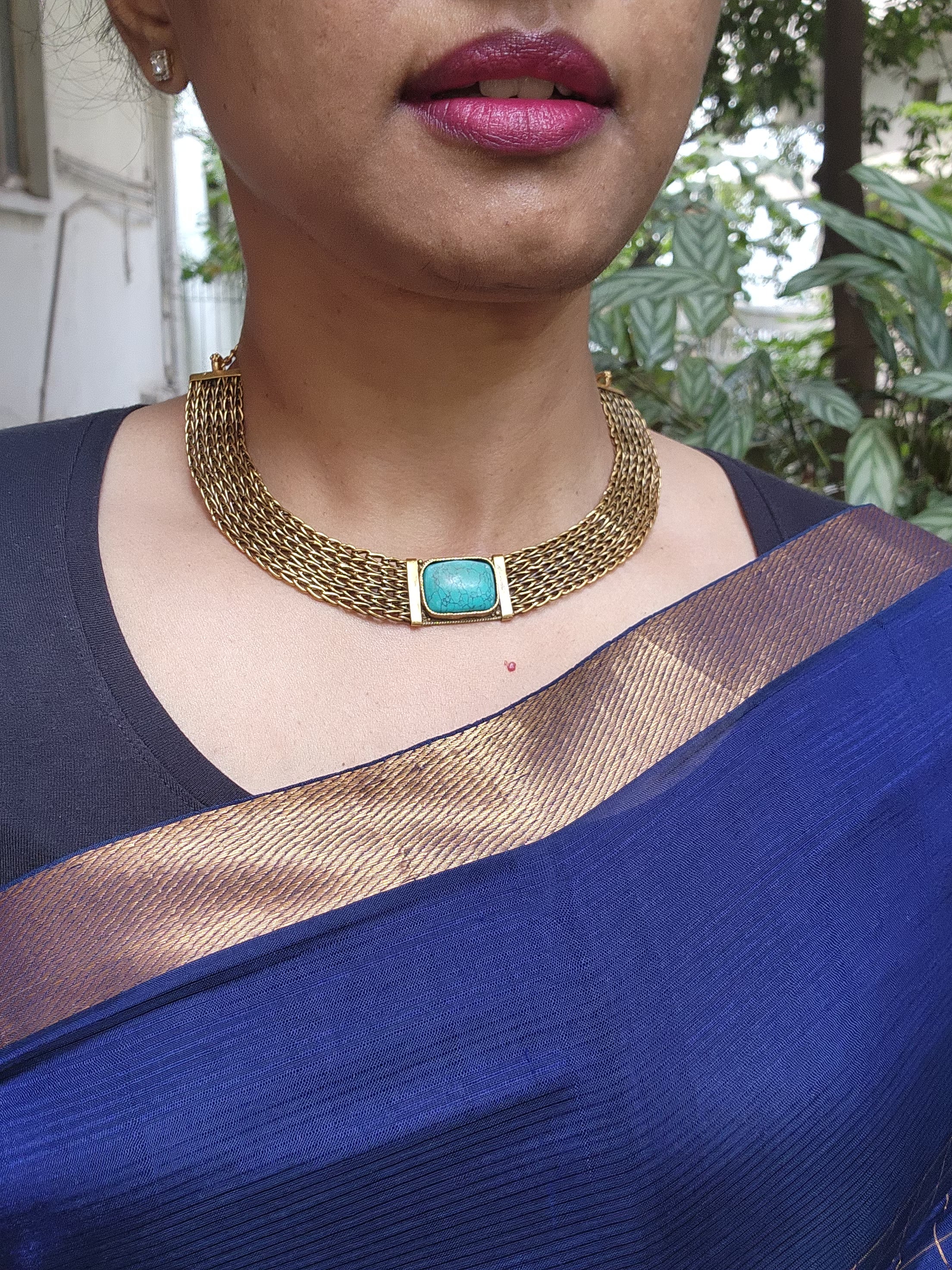 Antique gold polish turquoise stone necklace-Silver Neckpiece-CI-House of Taamara