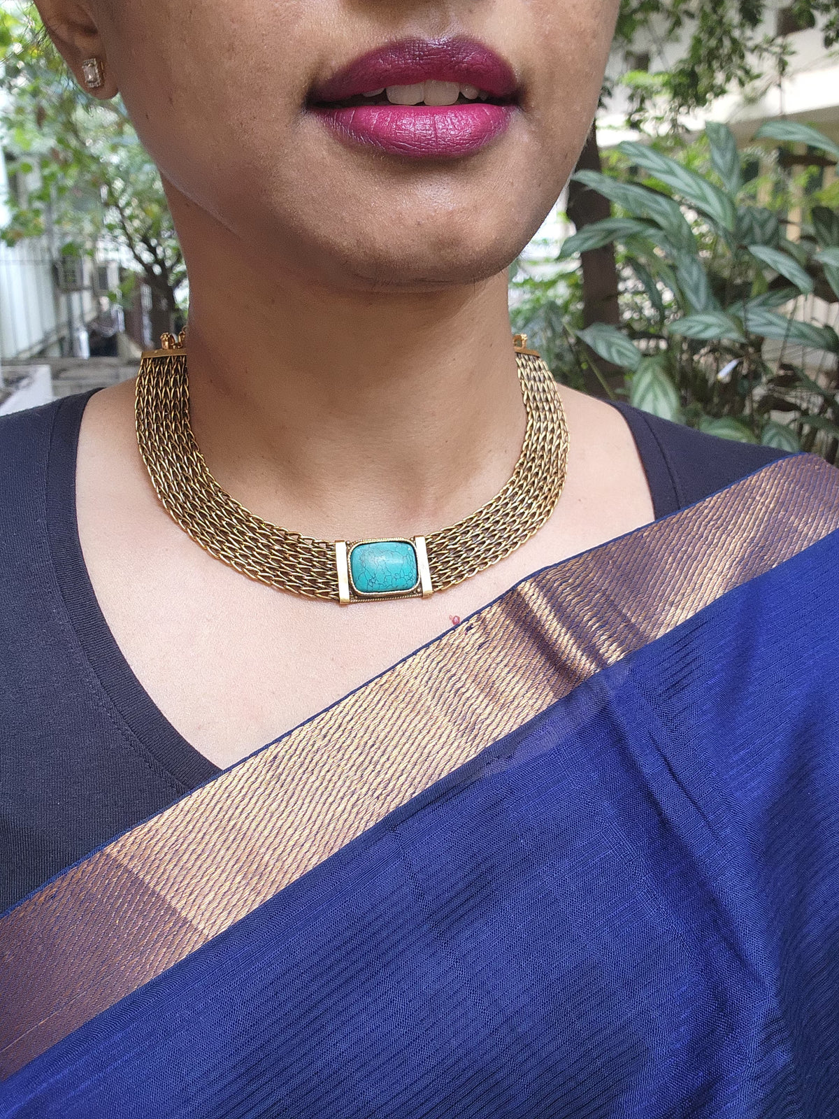 Antique gold polish turquoise stone necklace-Silver Neckpiece-CI-House of Taamara