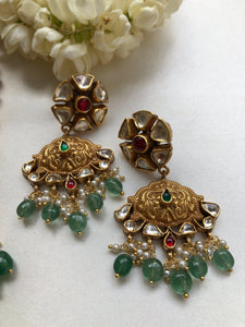Antique gold polish with kundan & green beads-Silver earrings-PL-House of Taamara