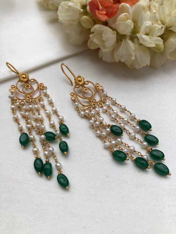 Antique hook earrings with long pearls & green beads-Earrings-PL-House of Taamara