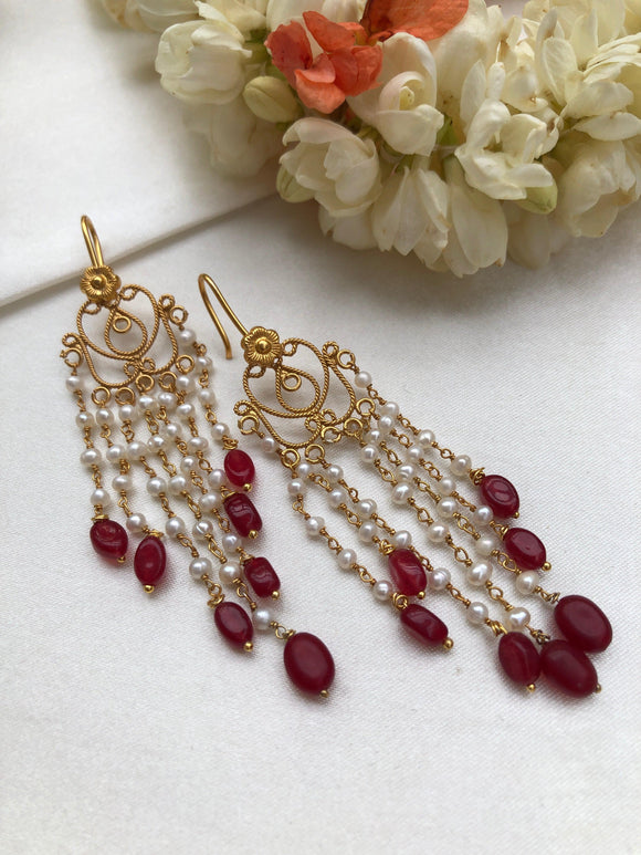 Antique hook earrings with long pearls & ruby beads-Earrings-PL-House of Taamara