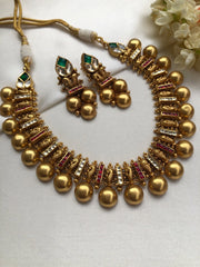 Antique kundan style necklace with earrings, SET-Silver Neckpiece-PL-House of Taamara