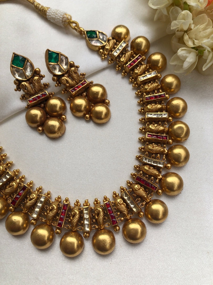 Antique kundan style necklace with earrings, SET-Silver Neckpiece-PL-House of Taamara