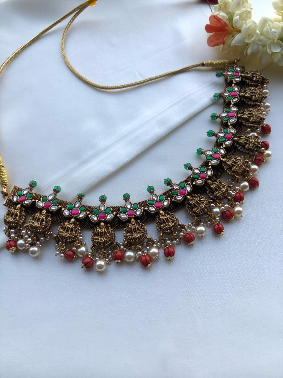 Antique nakash necklace with coral and green beads necklace-Silver Neckpiece-PL-House of Taamara