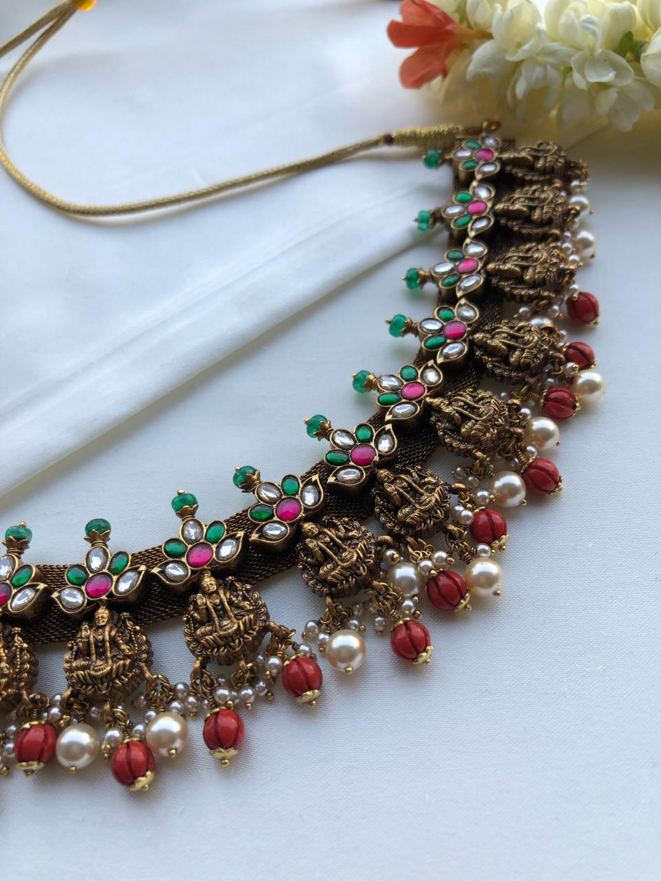 Antique nakash necklace with coral and green beads necklace-Silver Neckpiece-PL-House of Taamara