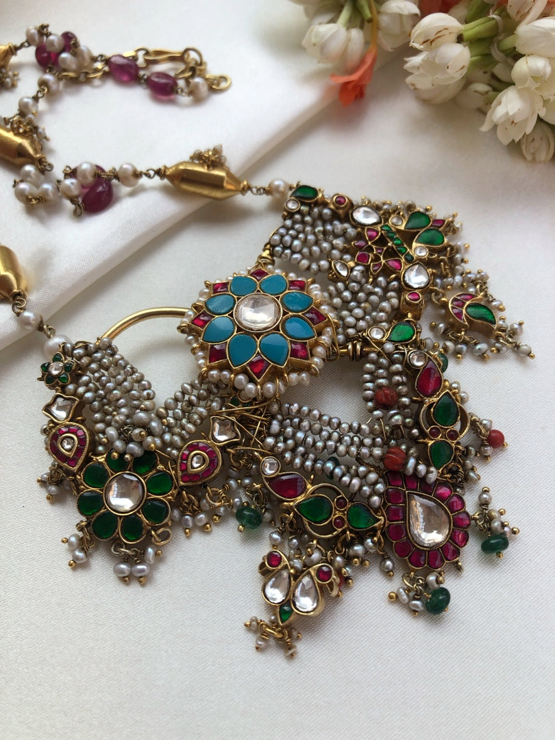 Antique nath style necklace with ruby and pearl mala-Silver Neckpiece-PL-House of Taamara