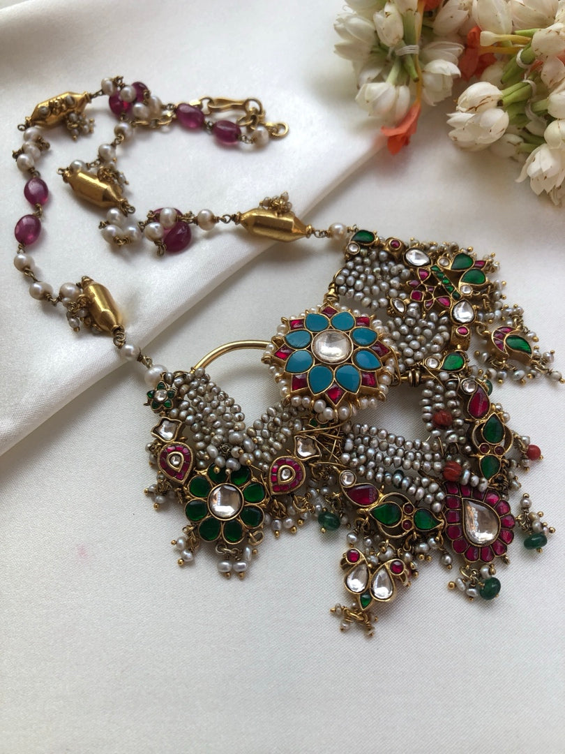 Antique nath style necklace with ruby and pearl mala-Silver Neckpiece-PL-House of Taamara