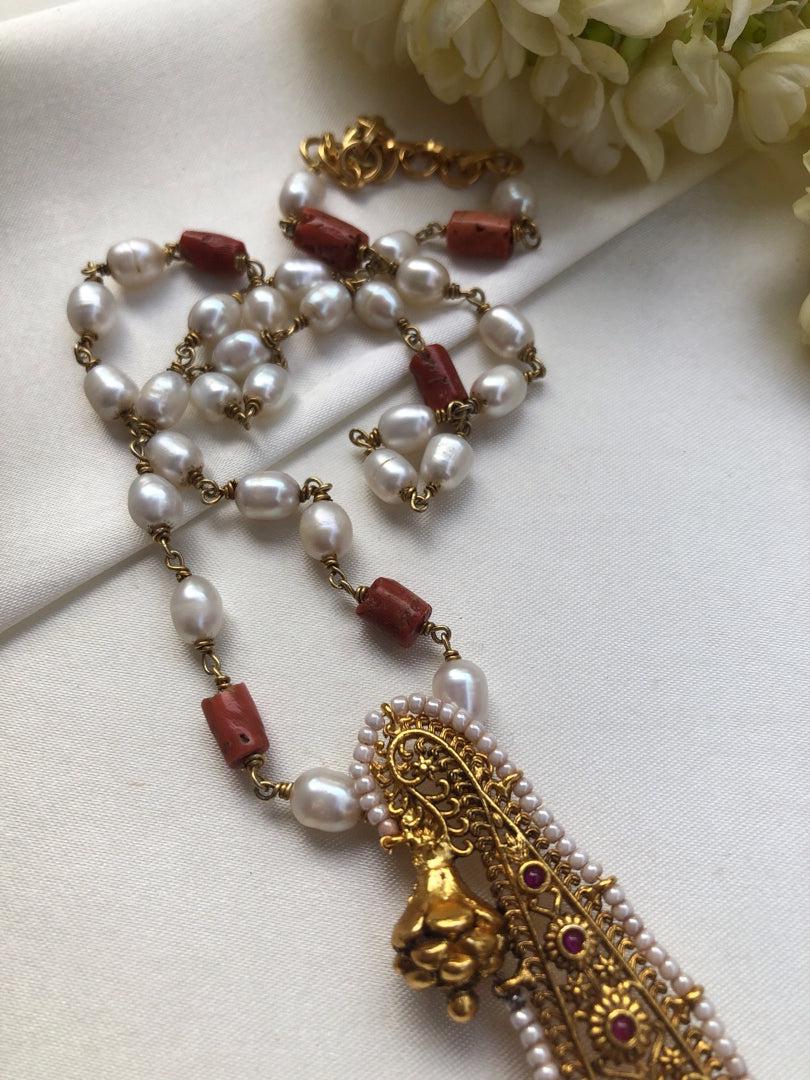 Antique paisley pendant with pearls and coral mala-Silver Neckpiece-PL-House of Taamara