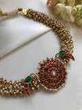 Antique pearls & gold beads bunch necklace with kundan birds-Silver Neckpiece-PL-House of Taamara
