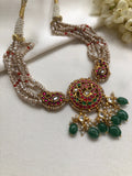 Antique pearls with Kundan peacock choker with green beads-Silver Neckpiece-PL-House of Taamara