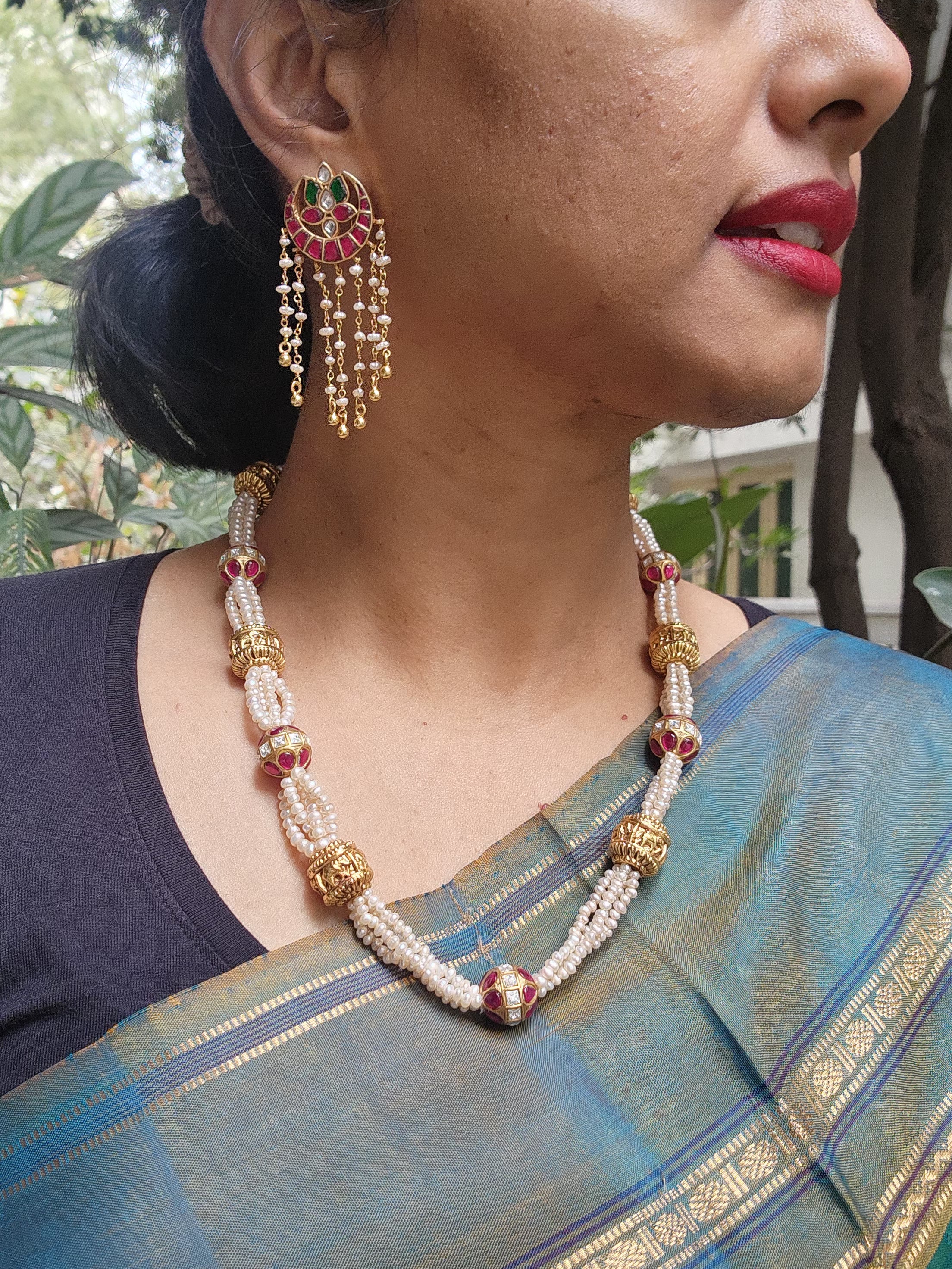 Antique pearls with cylindrical beads with ruby and kundan bead-Silver Neckpiece-PL-House of Taamara