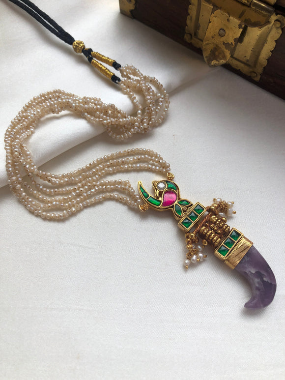 Antique pearls with kundan and tiger nail violet rhodolite pendant-Silver Neckpiece-PL-House of Taamara