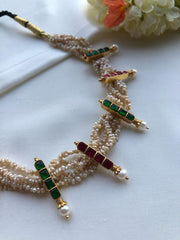 Antique pearls with kundan ruby and green necklace-Silver Neckpiece-PL-House of Taamara