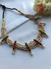 Antique pearls with kundan ruby and green necklace-Silver Neckpiece-PL-House of Taamara