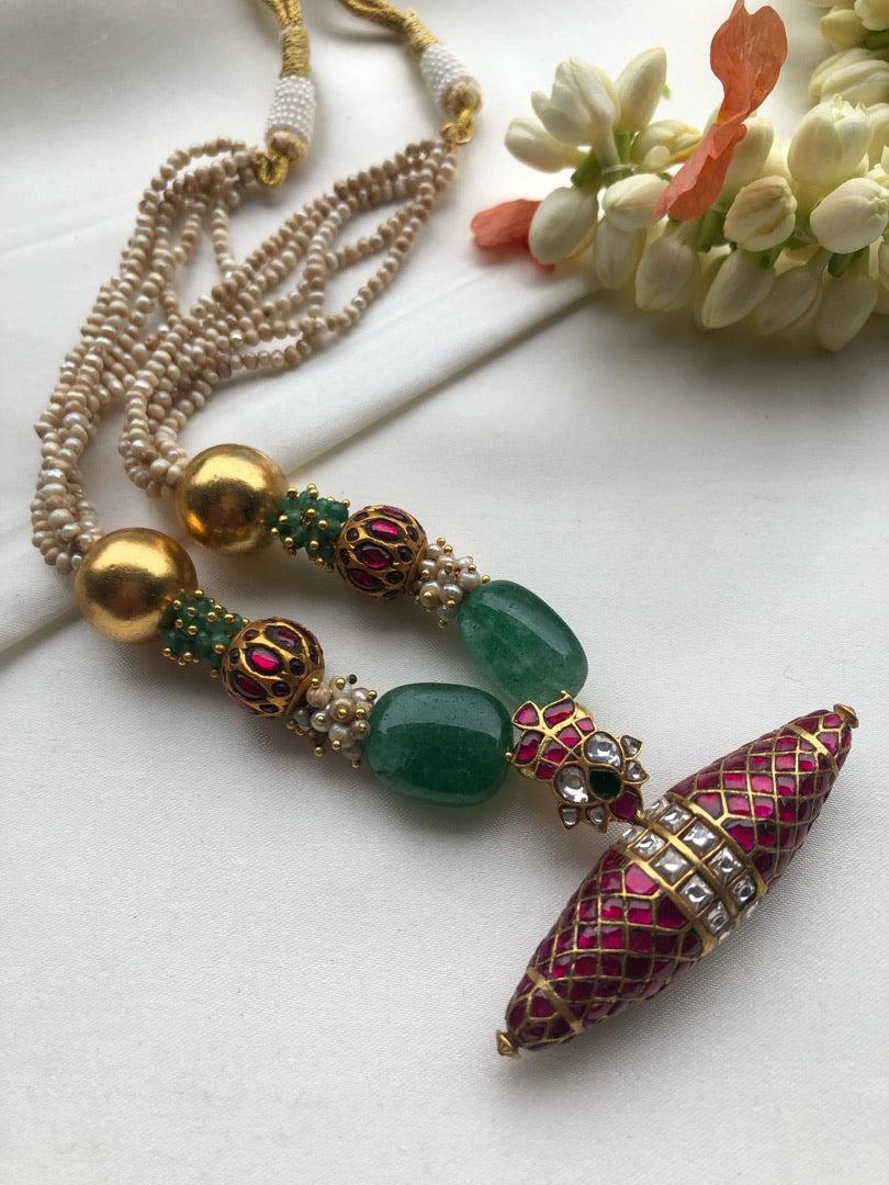 Antique pearls with kundan ruby & green beads with Tai tai pendant-Silver Neckpiece-PL-House of Taamara