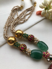 Antique pearls with kundan ruby & green beads with Tai tai pendant-Silver Neckpiece-PL-House of Taamara